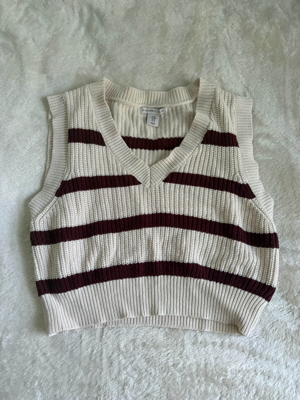 H&M Cream V-Neck Sleeveless Sweater Vest with Burgundy Stripes